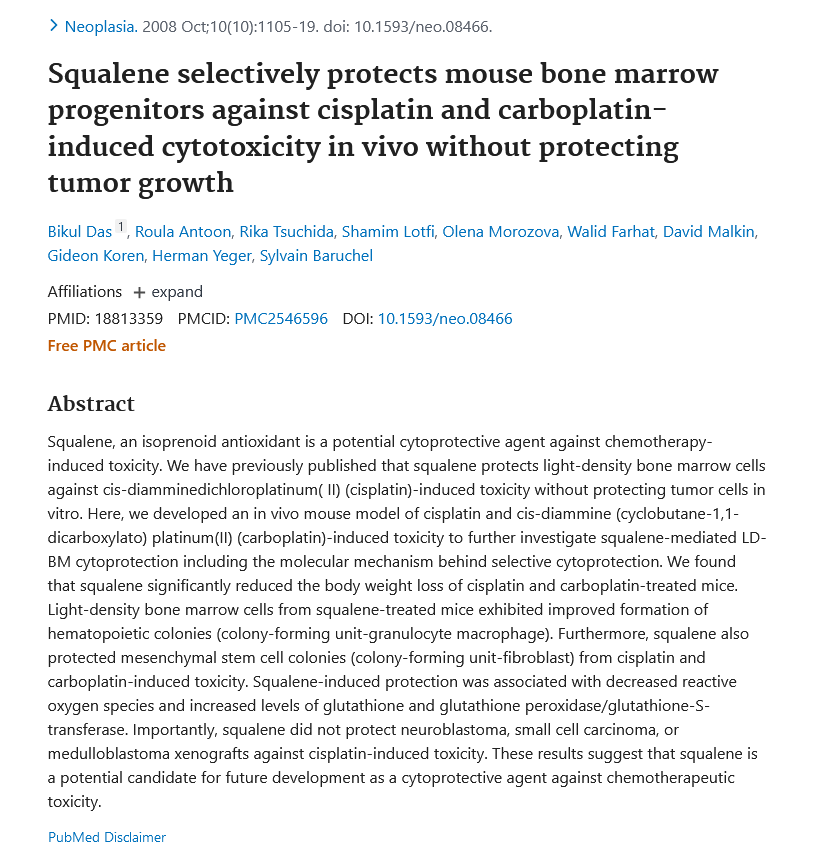 Image of Squalene selectively protects mouse bone marrow progenitor against cisplatin and carboplatin-induced cytotoxicity in vivo without protecting tumor growth